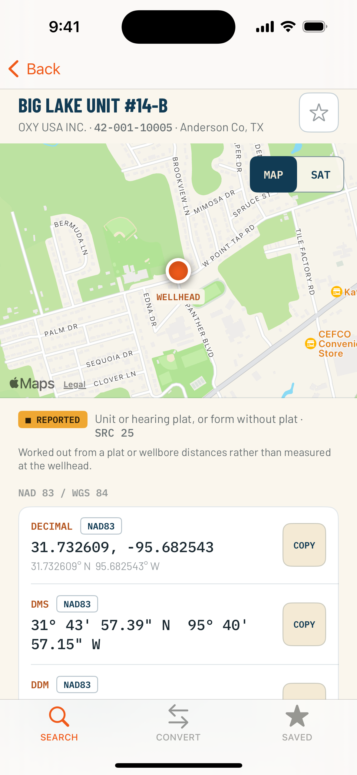 PetroCoordinates well detail screen, daylight mode: a map with the wellhead pin, a REPORTED reliability badge with its source code, and coordinate rows with datum chips and COPY buttons.